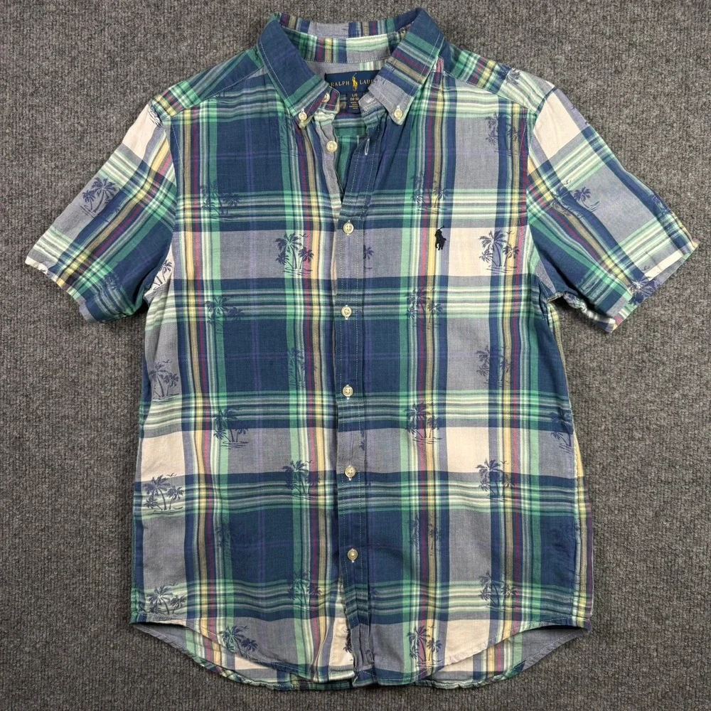 Ralph Lauren Button Down Boy L 14-16 Blue Green Plaid Palm Tree Short Sleeve